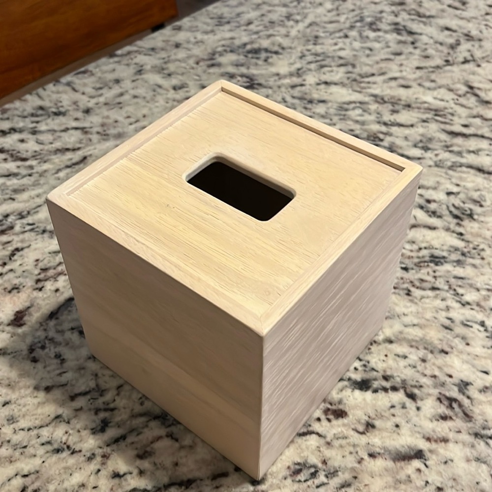 DKNY tissue box, cube white washed wood